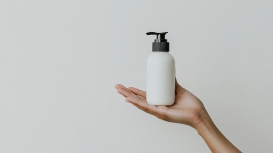 Hand holds white pump bottle against light background  showcasing simplicity and elegance