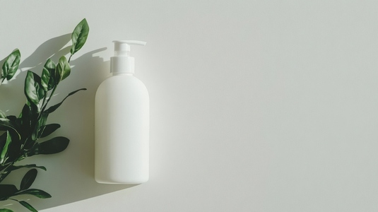 Clean white bottle with pump sits beside green leaves on light background  evoking freshness