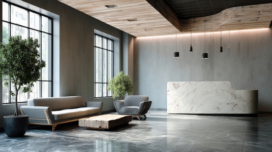 Modern lobby design features elegant furniture and natural elements  creating welcoming