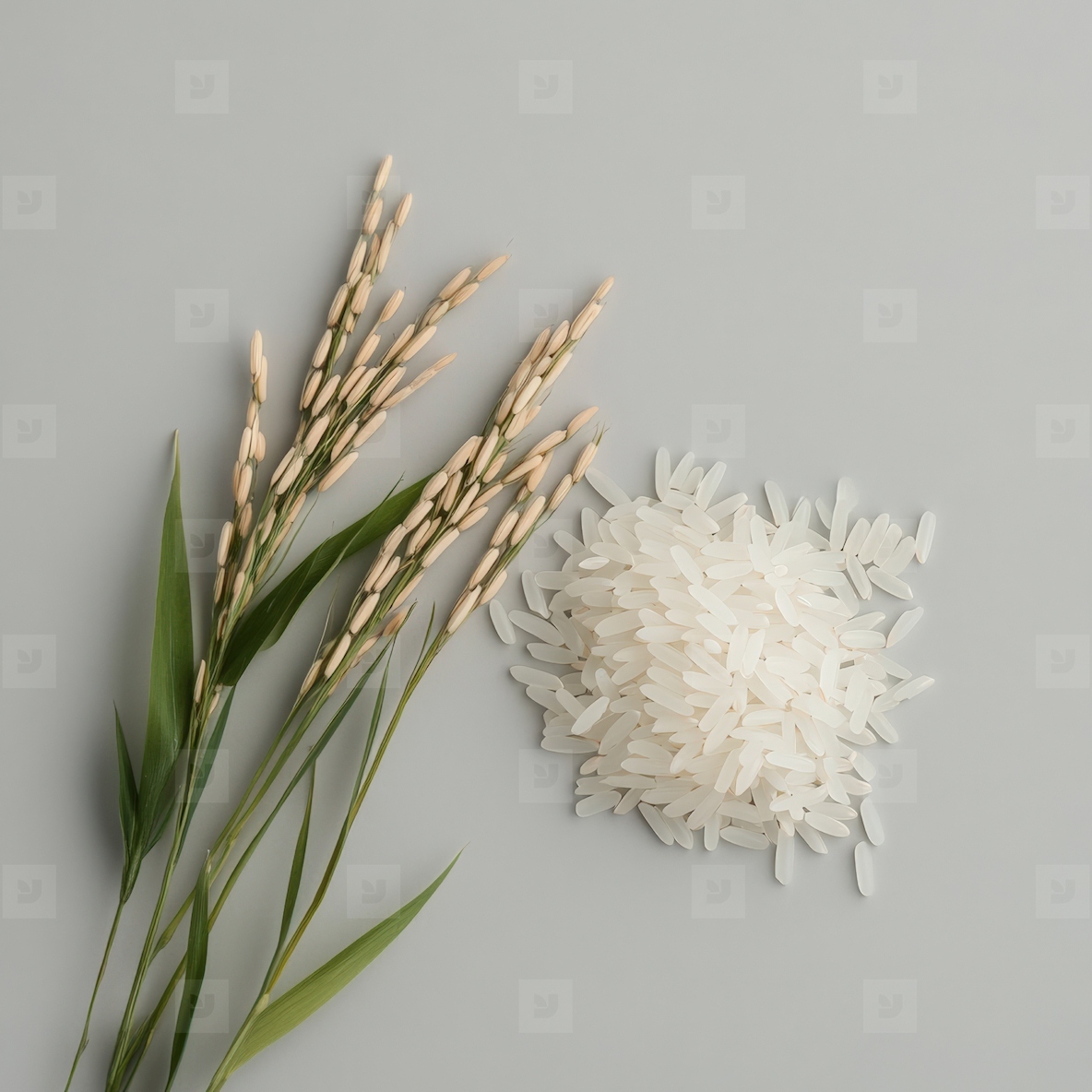 Fresh rice grains and rice plant with green leaves create natural and organic feel