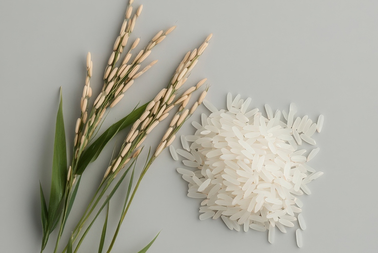 Fresh rice grains and rice plant with green leaves create natural and organic feel