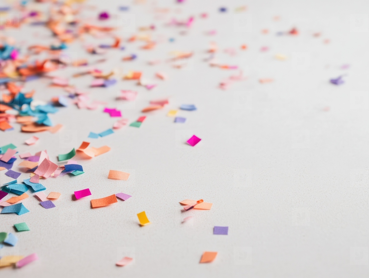 Colorful pieces of confetti scattered on light surface create festive atmosphere