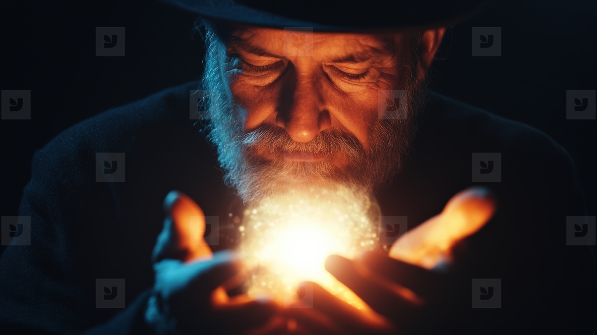 Magician conjuring glowing symbols with mystical energy in dark setting