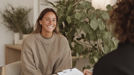 Wellness coach discussing weight goals with client cozy setting fostering positive atmosphere Wellness coach discussing weight goals with client cozy setting fostering positive atmosphere