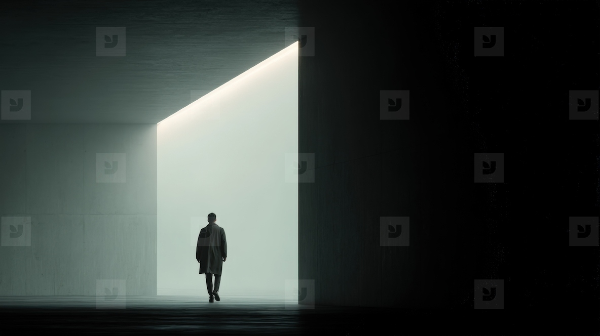 Businessman walks through minimalist corridor  illuminated by soft light  creating sense