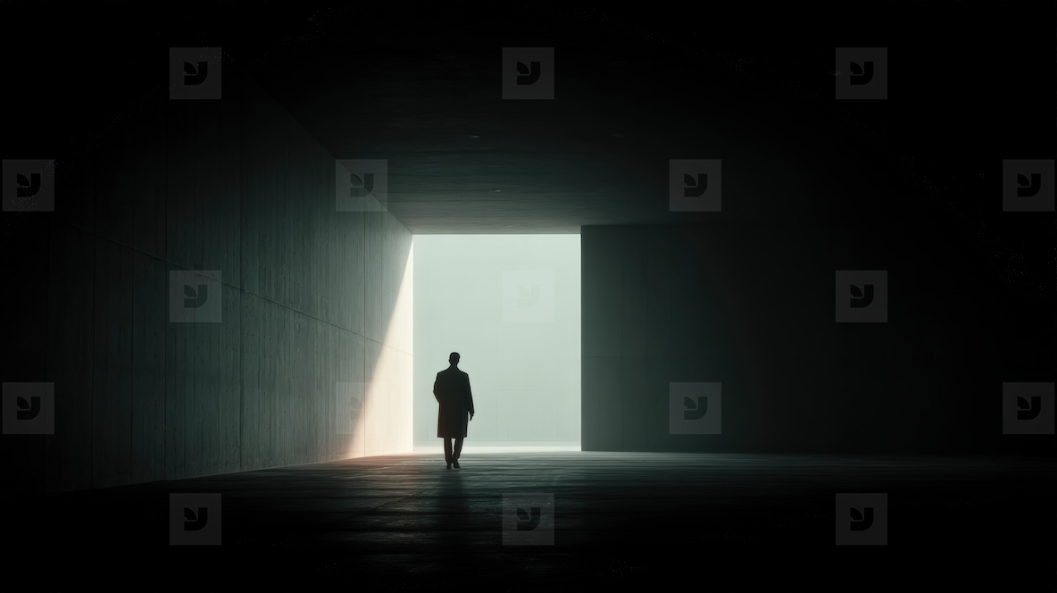 Silhouette of businessman walking towards bright light dark corridor evokes sense of hope
