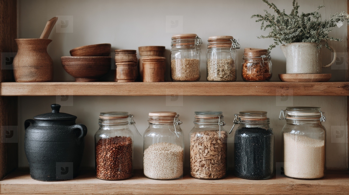 Natural pantry display with jars grains and wooden containers showcasing zero waste lifestyle