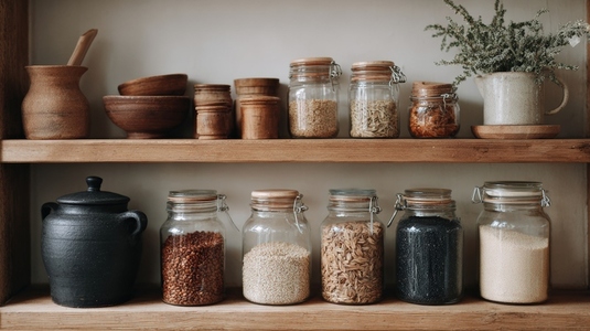 Natural pantry display with jars  grains  and wooden containers showcasing zero waste lifestyle