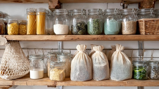 Zero waste grocery store with glass jars  pasta  grains  and eco friendly bags