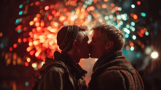 Young couple kissing under colorful fireworks celebrating love and joy together Young couple kissing under colorful fireworks celebrating love and joy together