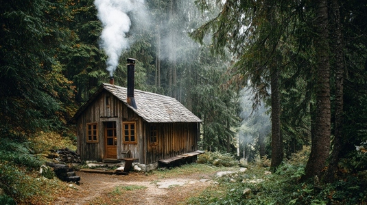 Cozy wooden cabin nestled lush forest  with smoke gently rising from chimney  evokes sense