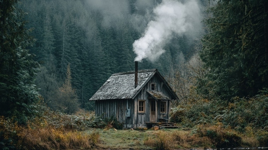 Cozy wooden cabin forest with smoke rising from chimney  surrounded by lush greenery and trees