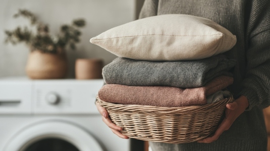 Cozy home scene with woman holding basket of neatly folded clothes and pillow