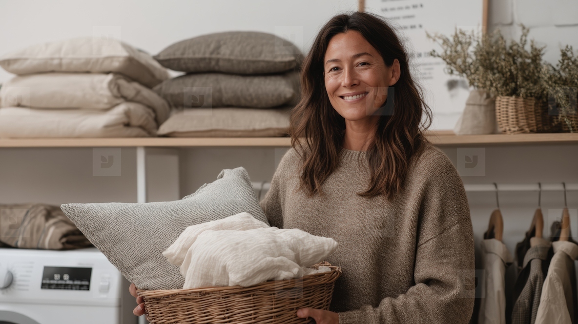 Woman smiling while holding basket of pillows and linens in cozy home setting