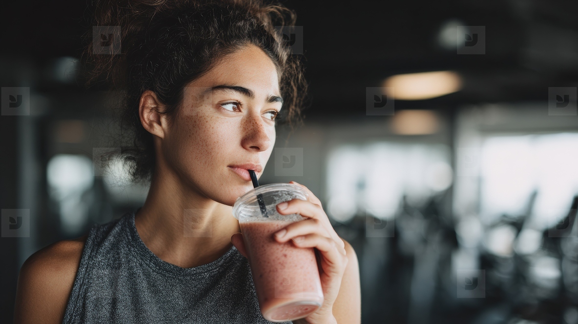 Woman enjoying smoothie after gym workout feeling refreshed and energized