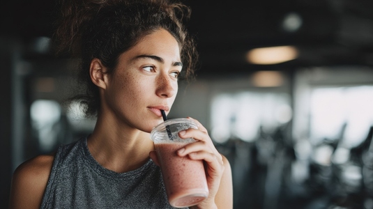 Woman enjoying smoothie after gym workout feeling refreshed and energized Woman enjoying smoothie after gym workout feeling refreshed and energized
