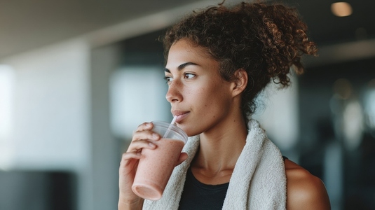 Woman enjoying refreshing smoothie after workout showcasing fitness and health Woman enjoying refreshing smoothie after workout showcasing fitness and health