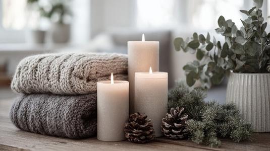 Cozy candles and warm blankets create serene winter atmosphere with natural elements Cozy candles and warm blankets create serene winter atmosphere with natural elements