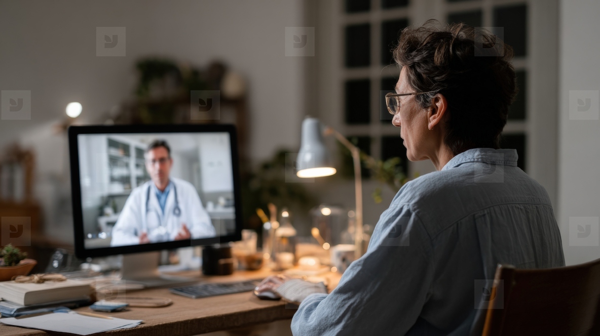 Telemedicine consultation between doctor and patient in cozy home office setting