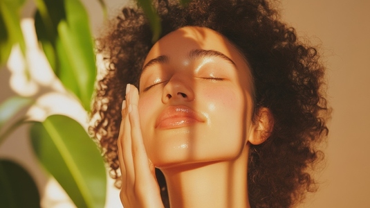 Teenage girl applying skincare with radiant glow in natural light Teenage girl applying skincare with radiant glow in natural light