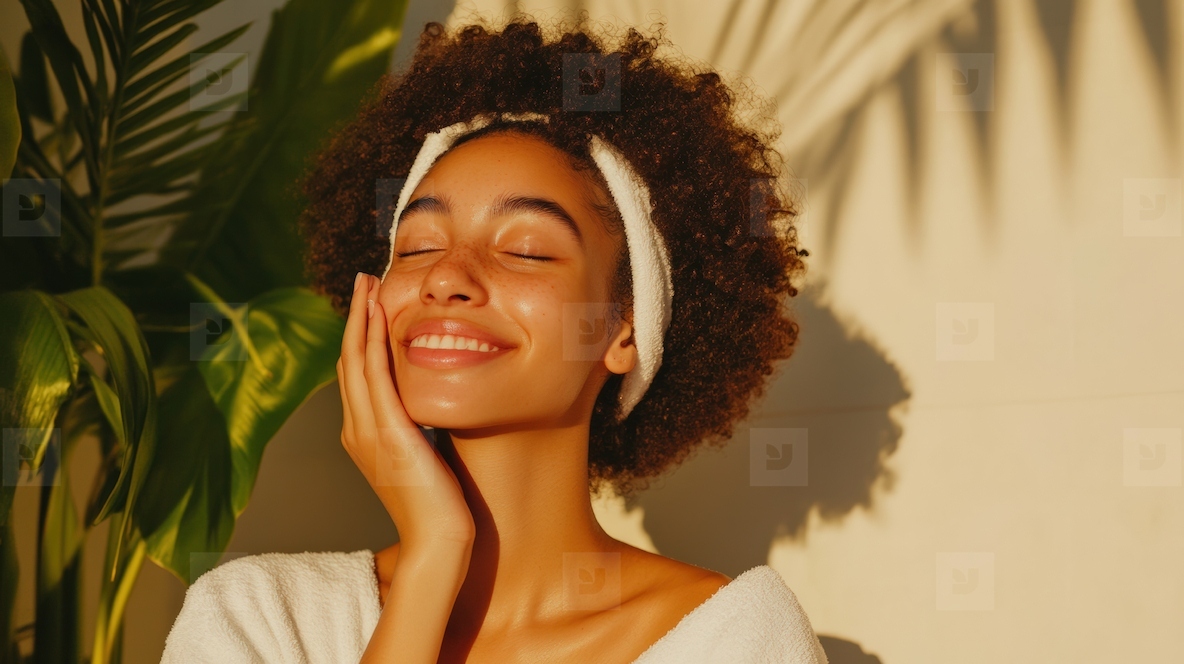 Teenage girl enjoys skincare routine in bright  natural setting  radiating happiness