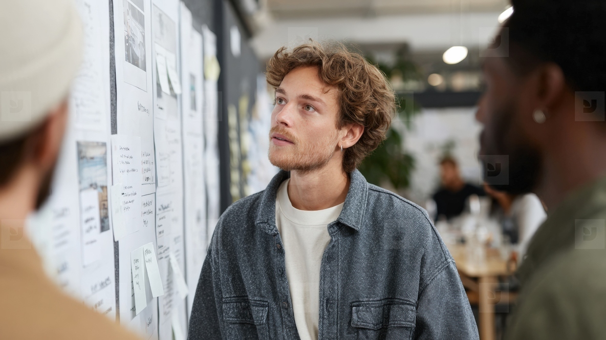 Creative team brainstorming session in modern workspace  focused on ideas and collaboration