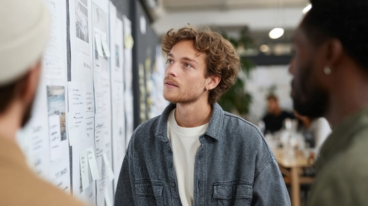 Creative team brainstorming session in modern workspace focused on ideas and collaboration Creative team brainstorming session in modern workspace focused on ideas and collaboration