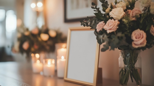 Elegant floral arrangement with candles and blank signboard in cozy setting