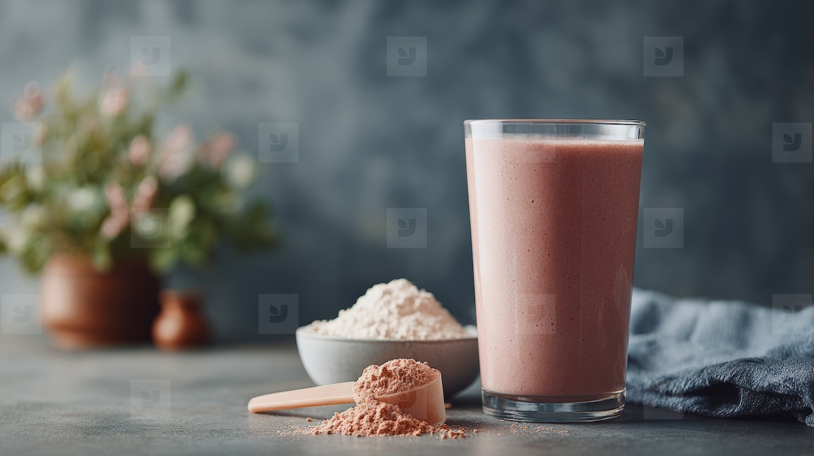 Smoothie glass with protein powder scoop and fitness ingredients  perfect for health enthusiasts