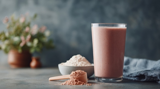 Smoothie glass with protein powder scoop and fitness ingredients  perfect for health enthusiasts