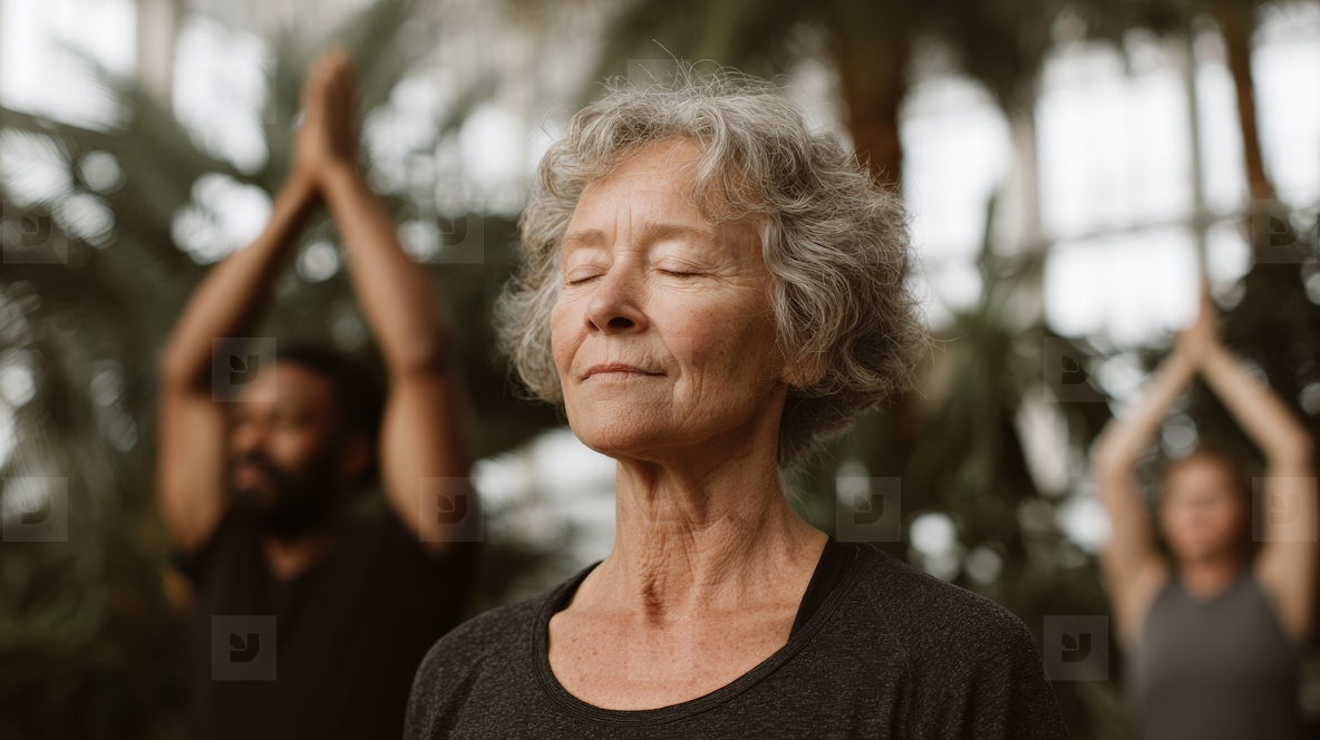Mindful yoga practice in serene greenhouse with focused individuals