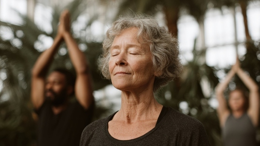 Mindful yoga practice in serene greenhouse with focused individuals