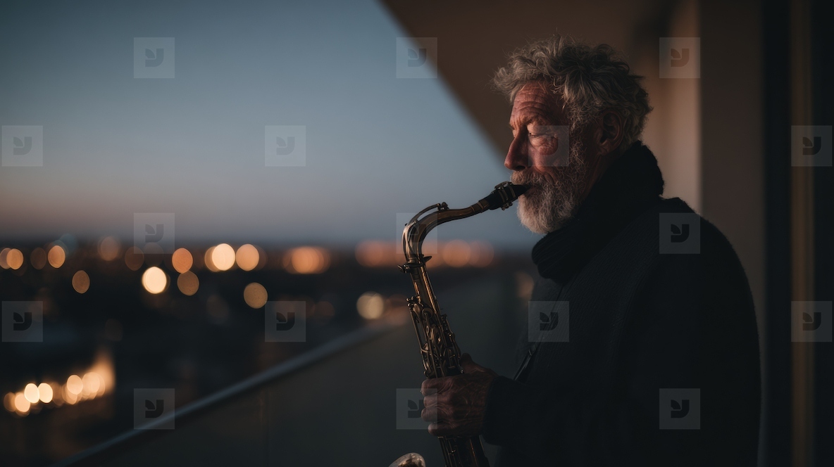 Retired man plays jazz saxophone on balcony at dusk  creating serene atmosphere