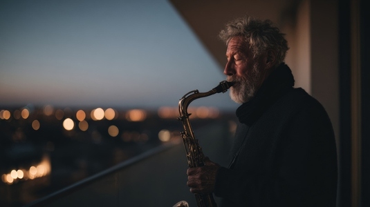 Retired man plays jazz saxophone on balcony at dusk  creating serene atmosphere