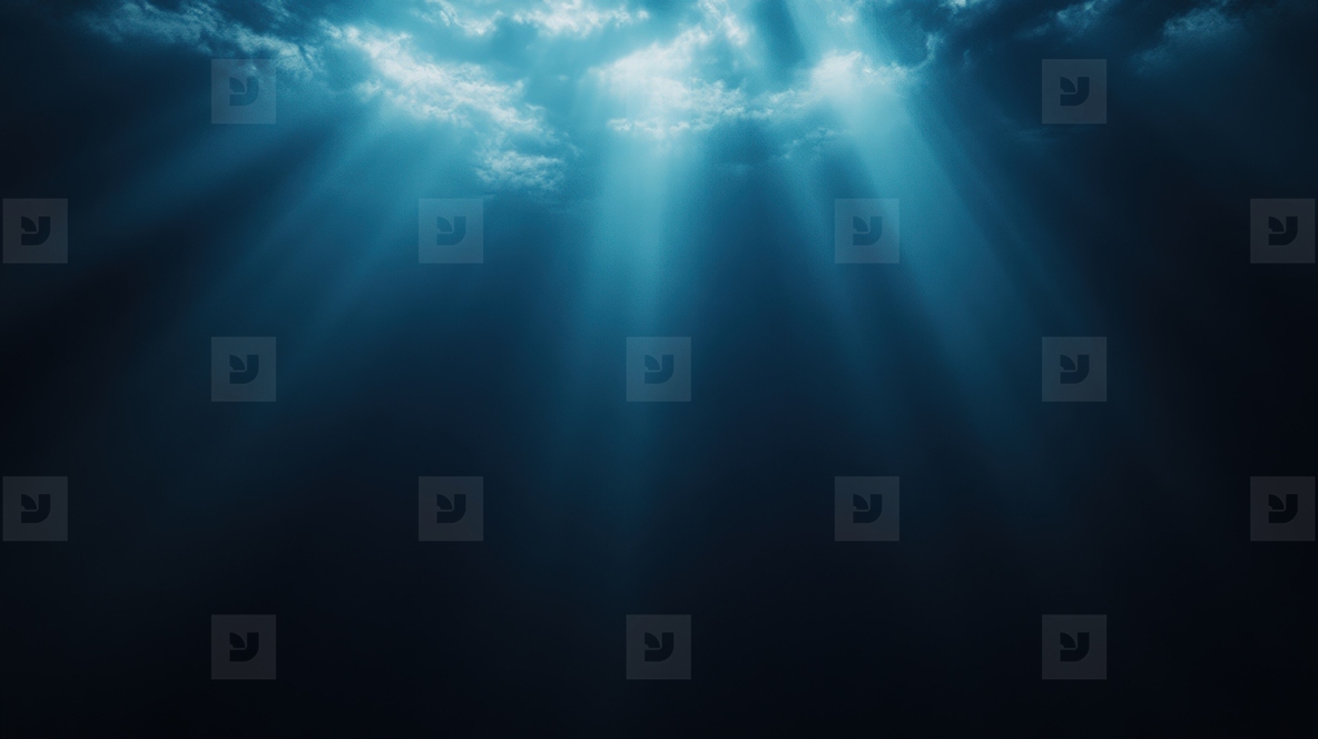 Mysterious underwater scene with beams of light illuminating dark ocean depths