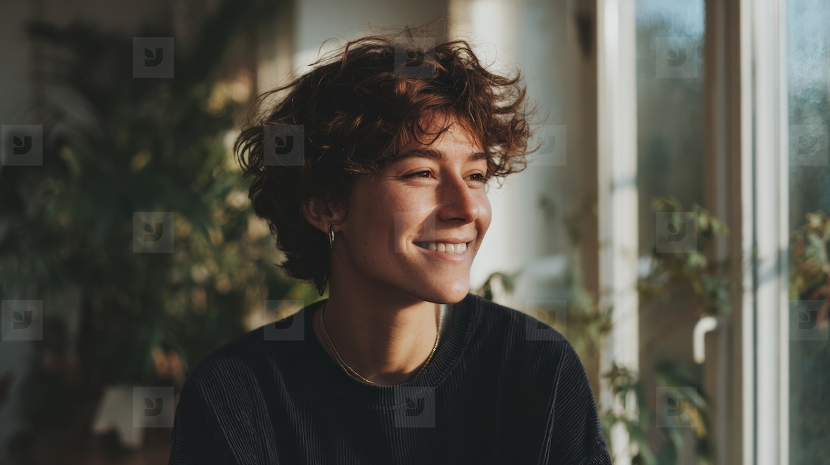 Joyful portrait of smiling person with curly hair  illuminated by natural light
