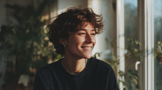 Joyful portrait of smiling person with curly hair  illuminated by natural light