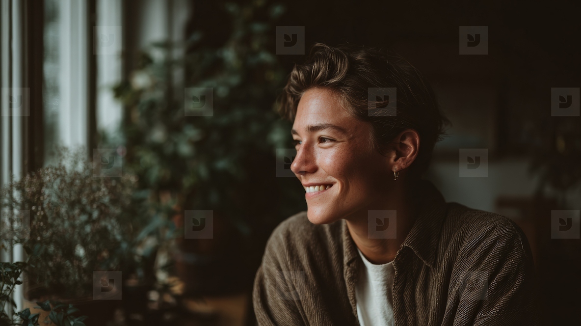 Smiling person gazes out window surrounded by indoor plants  radiating warmth and joy