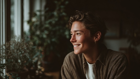 Smiling person gazes out window surrounded by indoor plants  radiating warmth and joy