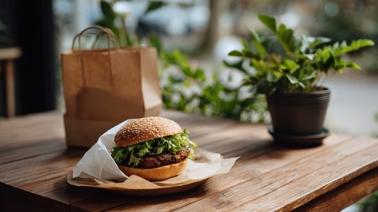 Plant based burger on wooden table with greenery  showcasing eco friendly dining