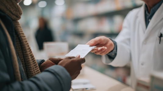 Pharmacist handing prescription medicine to patient pharmacy showcasing care Pharmacist handing prescription medicine to patient pharmacy showcasing care