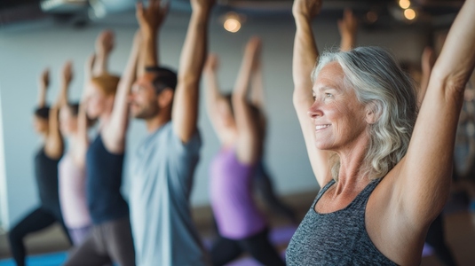 Empowered individuals practicing yoga in studio  showcasing diverse body types and ages