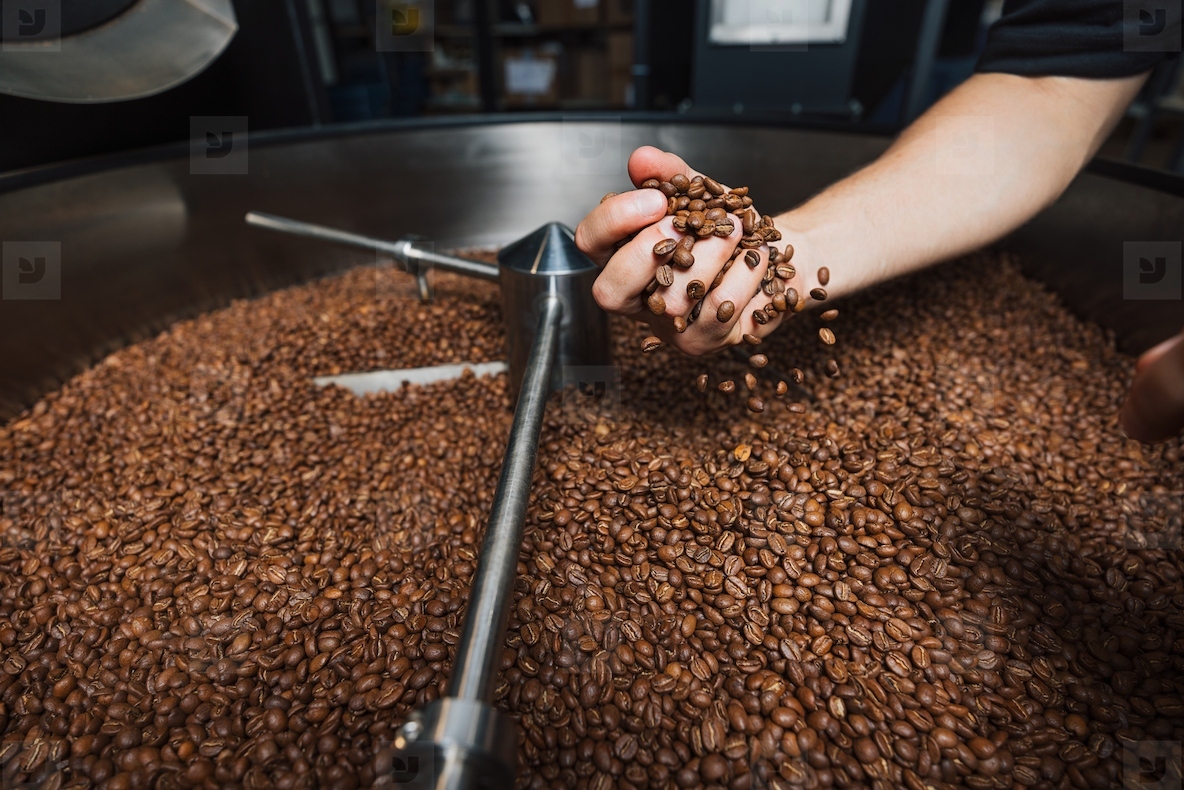 Highly detailed shot of an unrecognizable male hand grabbing freshly roasted beans from a machine drum