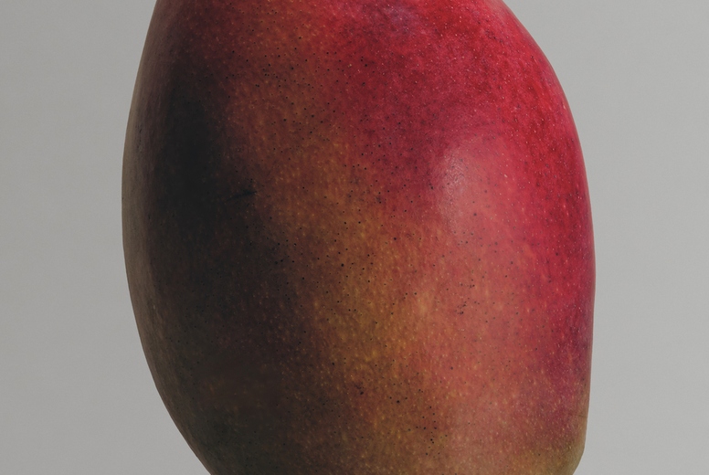 Close up of vibrant ripe red mango floating against gray background