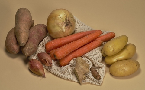 Still life arrangement of raw vegetable soup ingredients