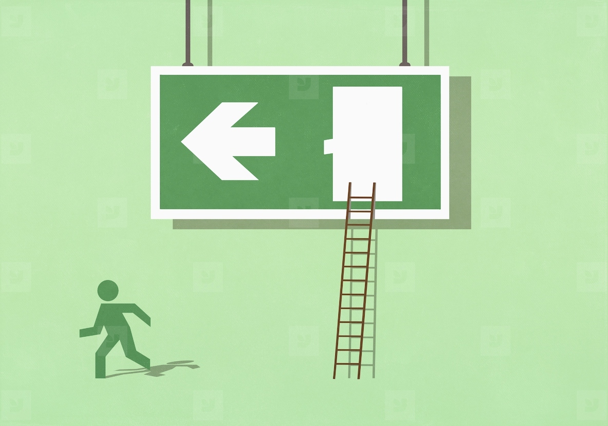 Green figure escaping from exit sign running away