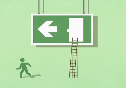 Green figure escaping from exit sign running away
