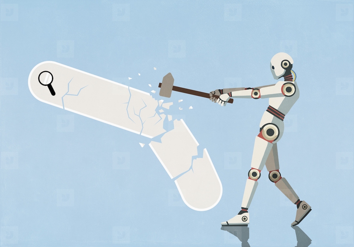 AI humanoid robot with sledgehammer destroying search bar