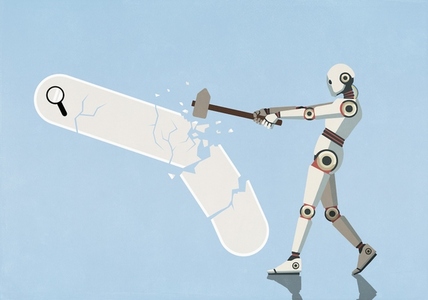 AI humanoid robot with sledgehammer destroying search bar