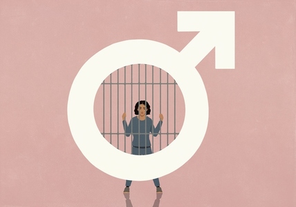 Woman behind prison bars inside male symbol